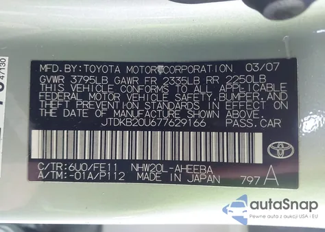 2007 Toyota Prius z USA, uszkodzony, nr VIN JTDKB20U677629166